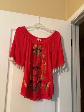 Umgee Red Embroidered Off-Shoulder Tunic with Tassel Trim